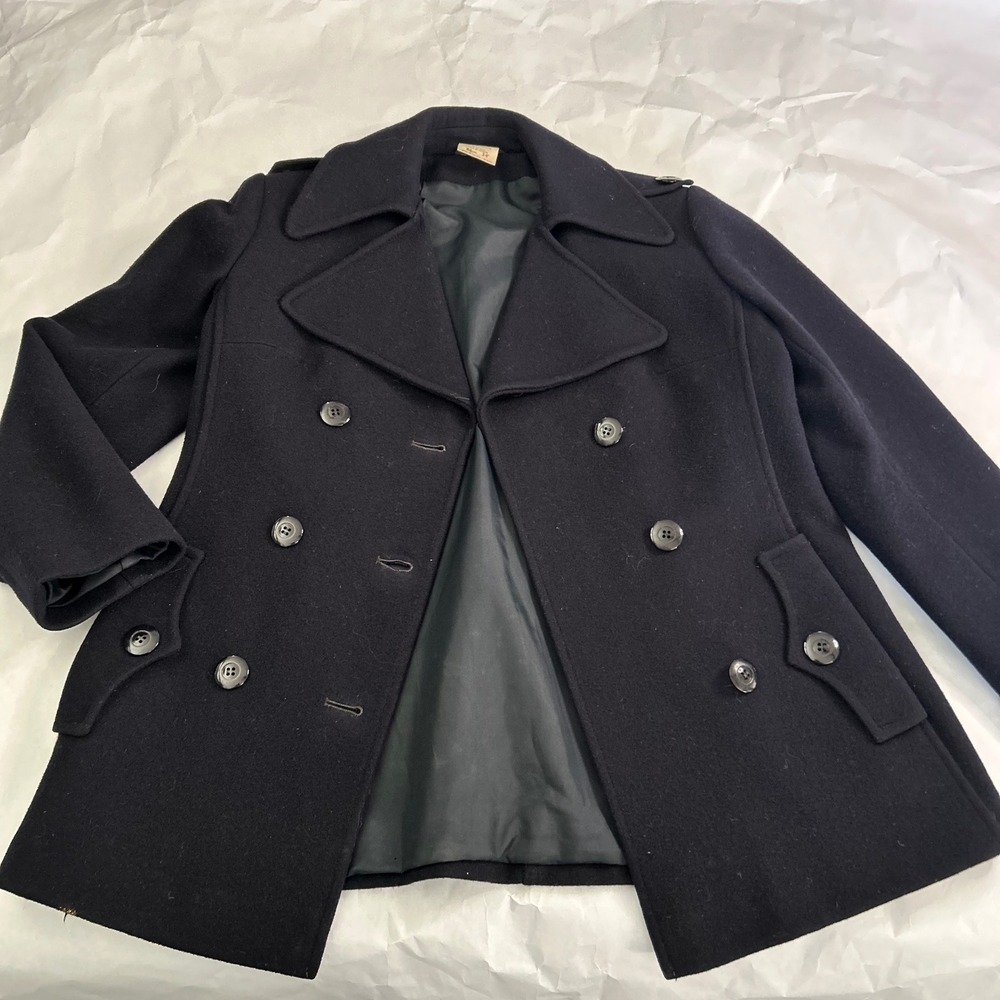 Vintage 70s St Michael‎ Womens Navy Wool Double Breasted Peacoat UK Medium Large